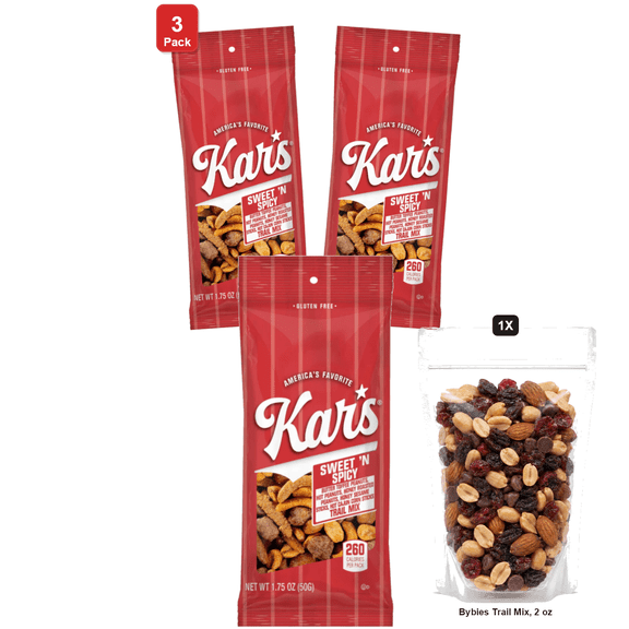 3 Pack | Kar's Nuts Sweet and Spicy Mix, 30 Bags x 1.75 oz Each, with Bybies Trail Mix, 2 oz