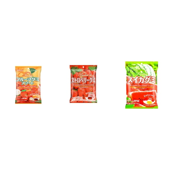 3 Pack Kasugai Gummy Candies, Made in Japan, Gluten Free, Mix 3 Flavor (Assortment,Strawberry,Watermelon) Plus NineChef Brand Long Handle Coffee Spoon