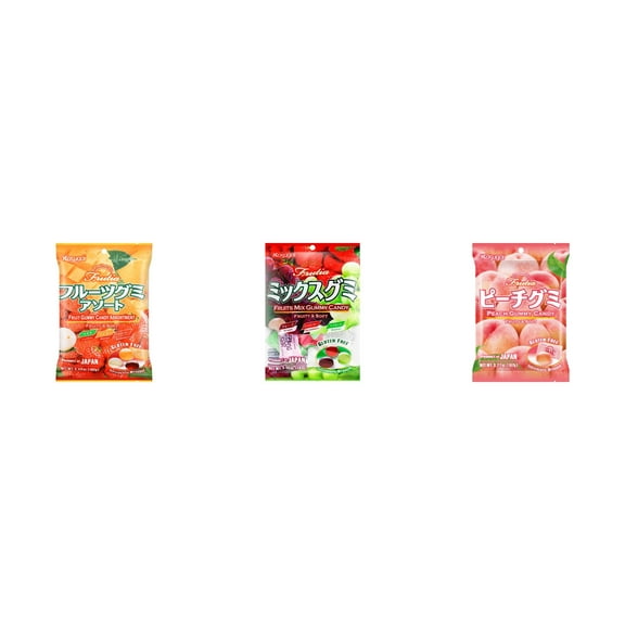3 Pack Kasugai Gummy Candies, Made in Japan, Gluten Free, Mix 3 Flavor (Assortment,Fruits Mix,Peach) Plus NineChef Brand Long Handle Coffee Spoon