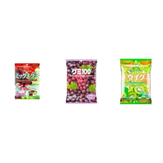 3 Pack Kasugai Gummy Candies, Made in Japan, Gluten Free, Mix 3 Flavor (Fruits Mix,Grape Frutia,Kiwi) Plus NineChef Brand Long Handle Coffee Spoon