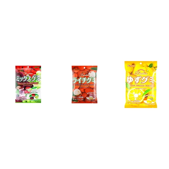 3 Pack Kasugai Gummy Candies, Made in Japan, Gluten Free, Mix 3 Flavor (Fruits Mix,Lychee,Yuzu) Plus NineChef Brand Long Handle Coffee Spoon