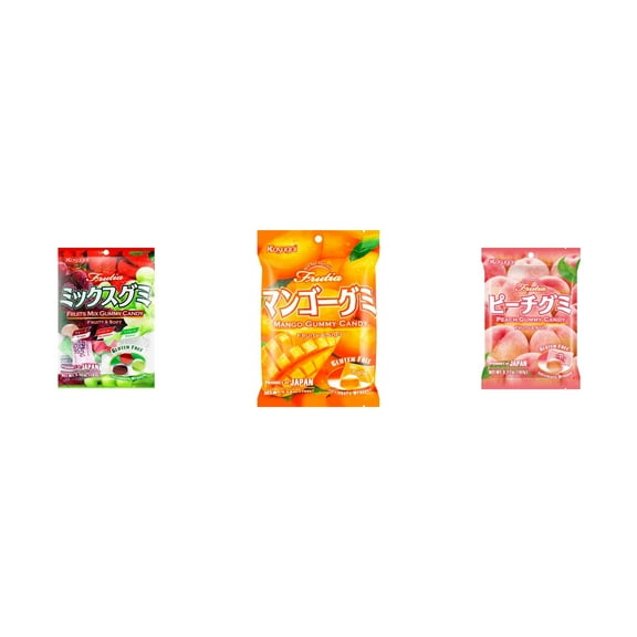 3 Pack Kasugai Gummy Candies, Made in Japan, Gluten Free, Mix 3 Flavor (Fruits Mix,Mango,Peach) Plus NineChef Brand Long Handle Coffee Spoon