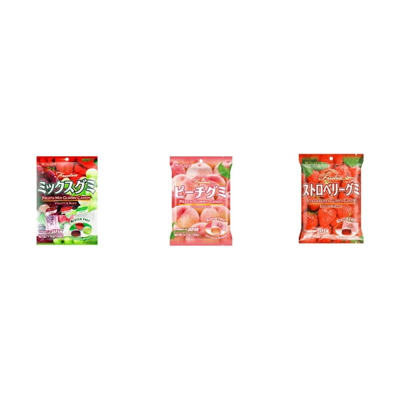 3 Pack Kasugai Gummy Candies, Made in Japan, Gluten Free, Mix 3 Flavor (Fruits Mix,Peach,Strawberry) Plus NineChef Brand Long Handle Coffee Spoon