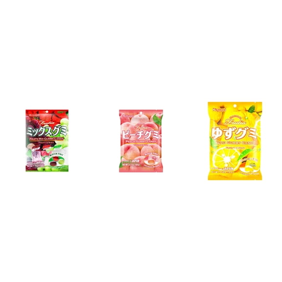 3 Pack Kasugai Gummy Candies, Made in Japan, Gluten Free, Mix 3 Flavor (Fruits Mix,Peach,Yuzu) Plus NineChef Brand Long Handle Coffee Spoon