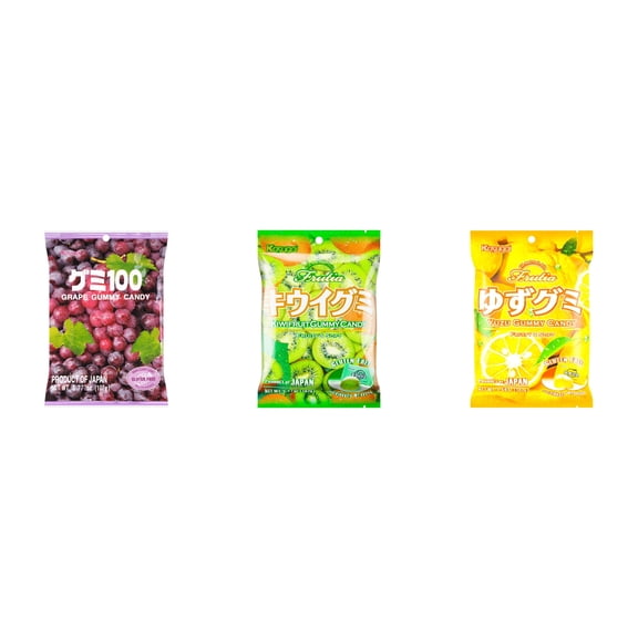 3 Pack Kasugai Gummy Candies, Made in Japan, Gluten Free, Mix 3 Flavor (Grape Frutia,Kiwi,Yuzu) Plus NineChef Brand Long Handle Coffee Spoon