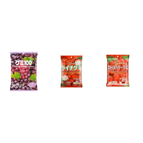 3 Pack Kasugai Gummy Candies, Made in Japan, Gluten Free, Mix 3 Flavor (Grape Frutia,Lychee,Strawberry) Plus NineChef Brand Long Handle Coffee Spoon
