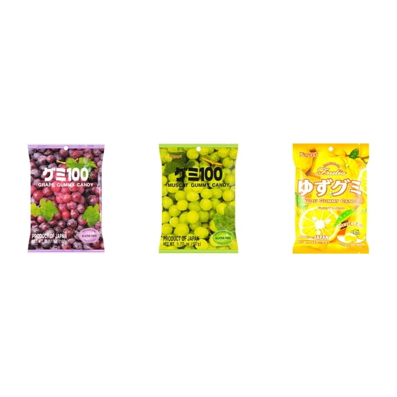 3 Pack Kasugai Gummy Candies, Made in Japan, Gluten Free, Mix 3 Flavor (Grape Frutia,Mmuscat,Yuzu) Plus NineChef Brand Long Handle Coffee Spoon
