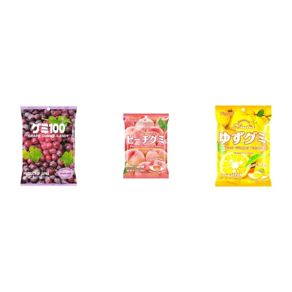3 Pack Kasugai Gummy Candies, Made in Japan, Gluten Free, Mix 3 Flavor (Grape Frutia,Peach,Yuzu) Plus NineChef Brand Long Handle Coffee Spoon