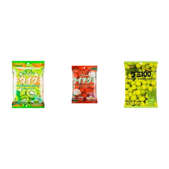 3 Pack Kasugai Gummy Candies, Made in Japan, Gluten Free, Mix 3 Flavor (Kiwi,Lychee,Mmuscat) Plus NineChef Brand Long Handle Coffee Spoon