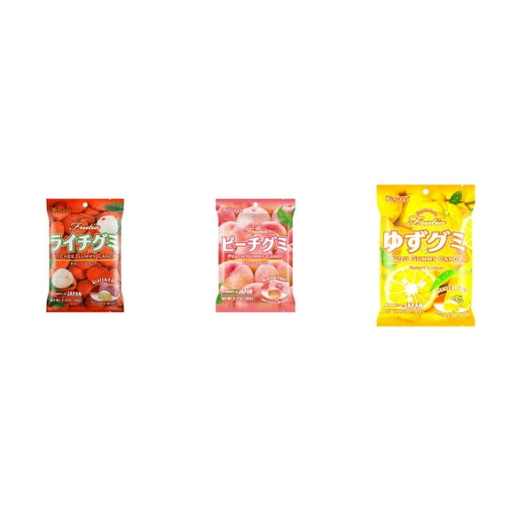 3 Pack Kasugai Gummy Candies, Made in Japan, Gluten Free, Mix 3 Flavor (Lychee,Peach,Yuzu) Plus NineChef Brand Long Handle Coffee Spoon