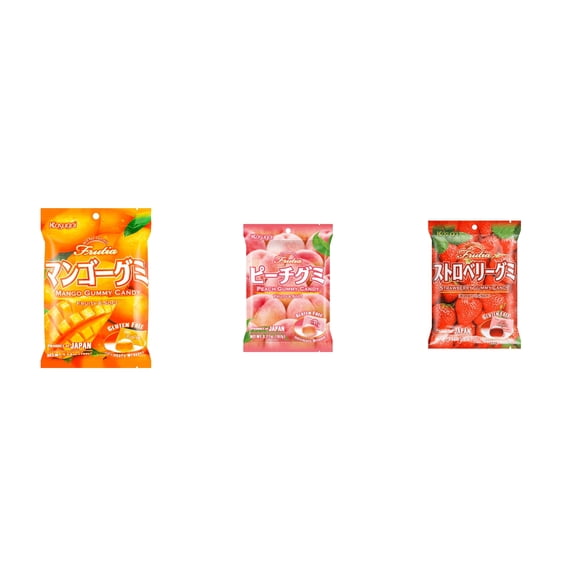 3 Pack Kasugai Gummy Candies, Made in Japan, Gluten Free, Mix 3 Flavor (Mango,Peach,Strawberry) Plus NineChef Brand Long Handle Coffee Spoon