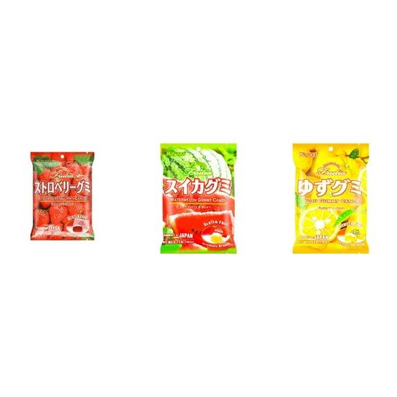 3 Pack Kasugai Gummy Candies, Made in Japan, Gluten Free, Mix 3 Flavor (Strawberry,Watermelon,Yuzu) Plus NineChef Brand Long Handle Coffee Spoon