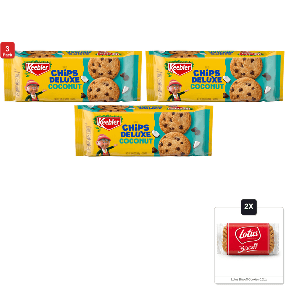 3 Pack | Keebler Chips Deluxe Coconut Cookies, 9.45Oz & 2x Lotus Biscoff Cookies 0.2oz