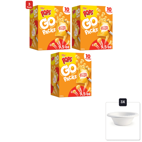 3 Pack | Kelloggs Corn Pops Go Packs Cereal, Lunch Snacks, Original, 9.5 oz (10 Pouches) & 3x 12oz Disposable Plastic Bowl