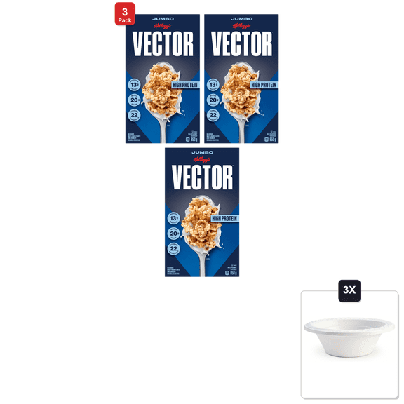 3 Pack | Kelloggs Vector Meal Replacement Cereal, Jumbo Size, 850 g/30 oz (Imported From Canada) & 3x 12oz Disposable Plastic Bowl