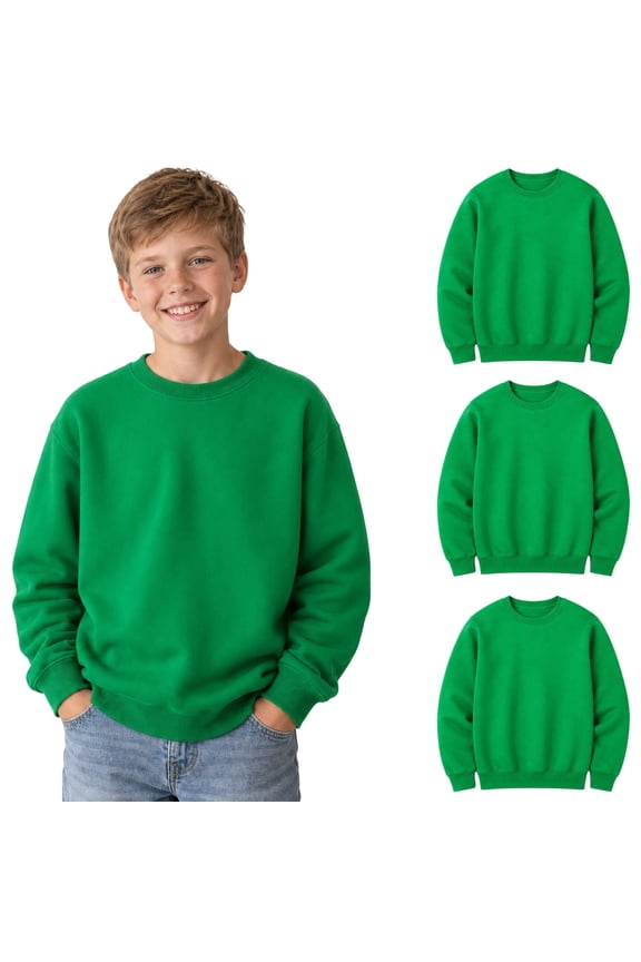 3 Pack Kelly Green Kids Crewneck Sweatshirts, Bulk Youth Fleece Pullover Sweatshirt, Wholesale Children’s Crew Neck Sweaters Boys Girls (Small)