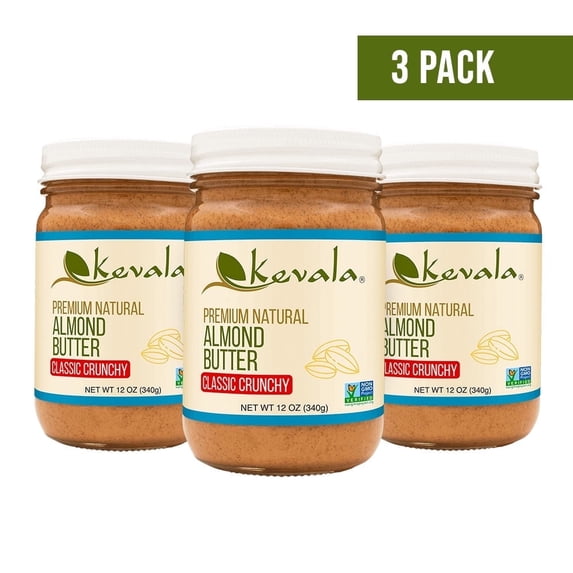 Kevala Almond Butter Crunchy, 12 oz (3pack), Glass Jar, Gluten-Free Spread