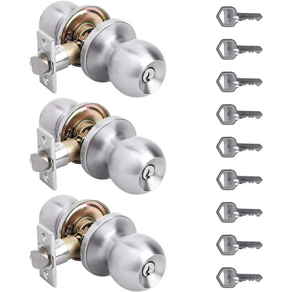 3 Pack Keyed Alike Doorknobs,Entry Doorknob Lock with Keys,Round Ball Door Knobs for Front Door,Exterier and Interier Doors,Satin Nickel Finish