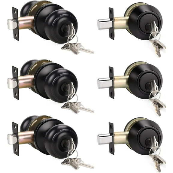 3 Pack Keyed Alike Entry Door Knobs and Single Cylinder Deadbolt Lock Combo Set Security for Exterior and Front Door, Keyed Entry Door Locksets with Deadbolt, Matte Black Finish