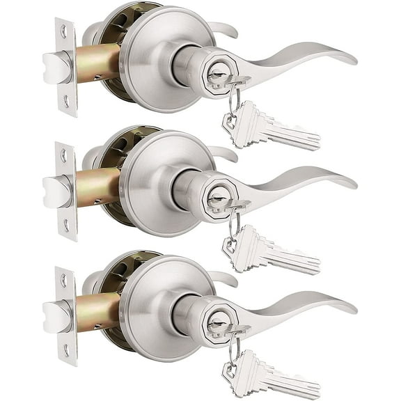(3 Pack Keyed Alike Entry Door Lever [Lock with 3 Combo Keys],Locking Door Handle for Office or Front Door,Satin Nickel Finish Wave Entrance Door Lock, Reversible Right & Left Side Handed