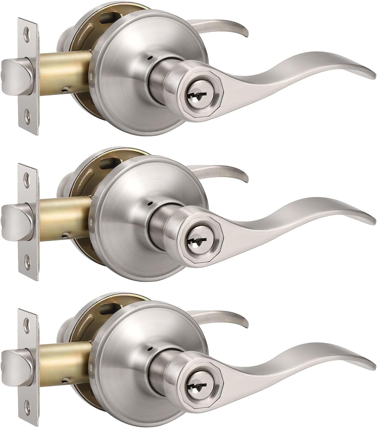 3 Pack Keyed Alike Entry Door Locks, Brushed Nickel Front Entry Door
