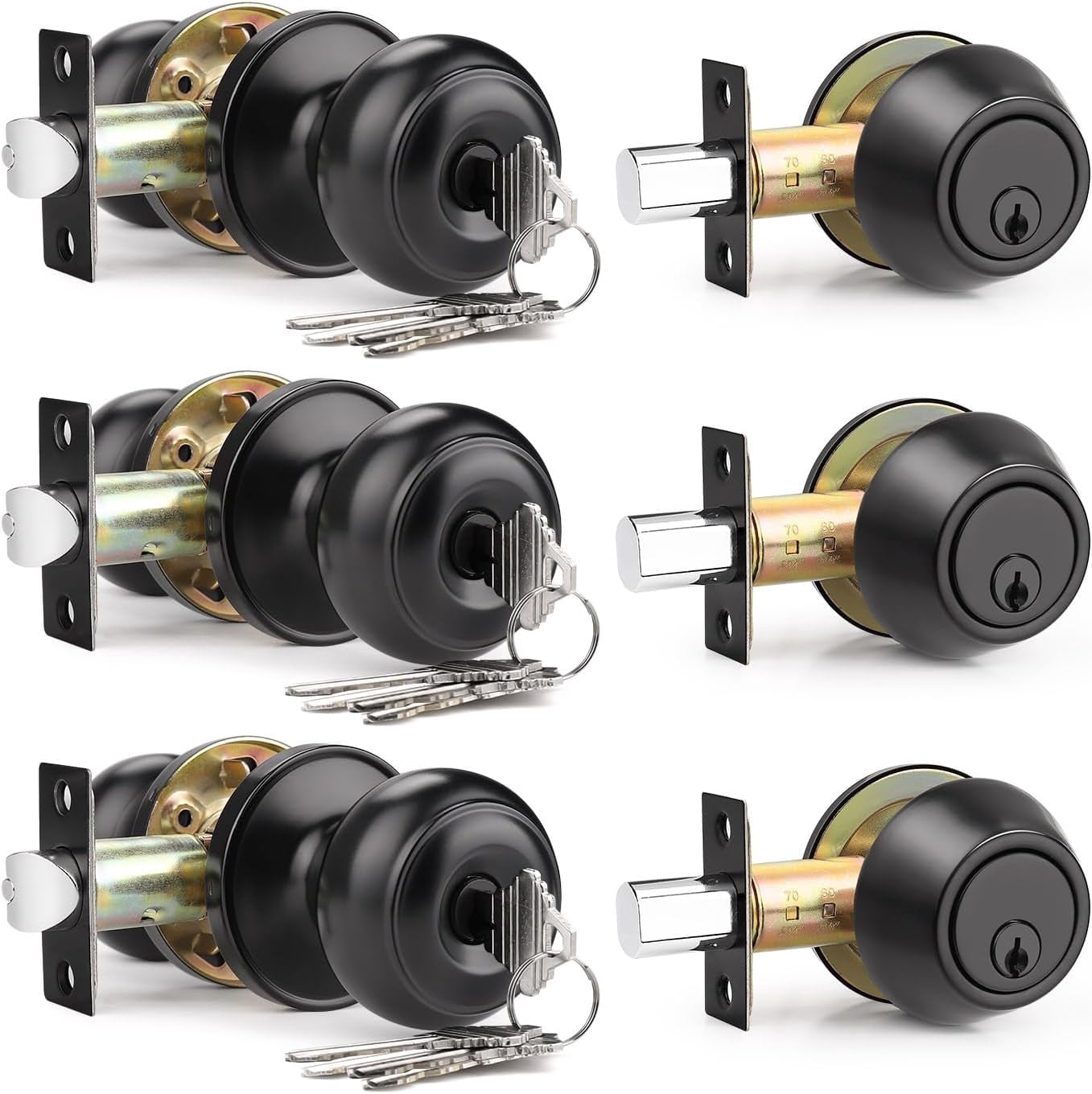 3 Pack Keyed Alike Front Door Knob and Deadbolt Set, Entry Door Locksets with Single Cylinder Deadbolt, Matte Black Flat Round Door Lock Set for Bedroom/Office/Exterior Doors
