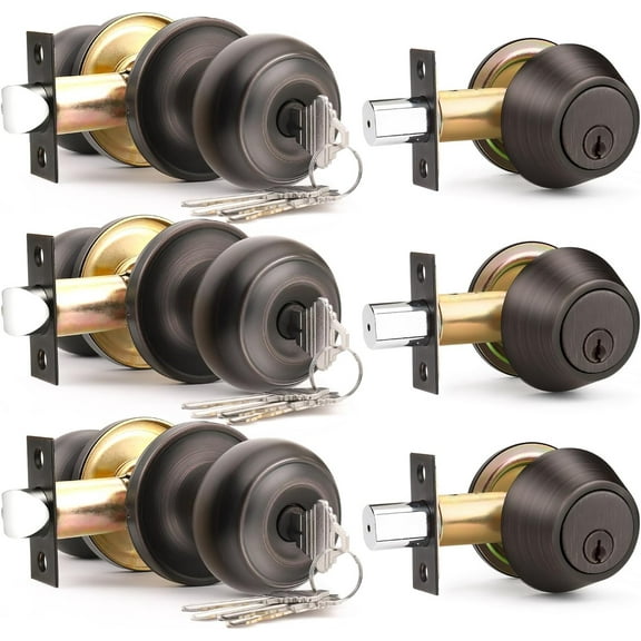 3 Pack Keyed Alike Front Door Knob and Deadbolt Set, Entry Door Locksets with Single Cylinder Deadbolt, Oil Rubbed Bronze Flat Round Door Lock Set for Bedroom/Office/Exterior Doors