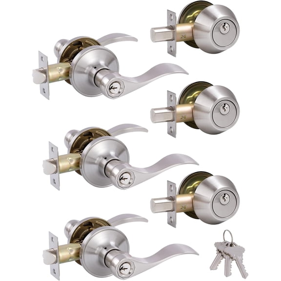 (3 Pack) Keyed Alike Front Door Lever Lockset with Single Cylinder Deadbolt Combination Set, Wave Style Lever, Front Door/Exterior Door Knob with Lock and Deadbolt,Satin Nickel Finished