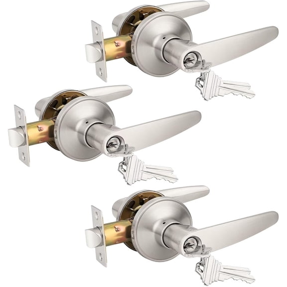 (3 Pack Keyed Entry Door Lever Lock for Exterior Door Handleset,(keyed Alike) Each with 3 Keys All Same Key in Satin Nickel Finish, Commercial or Residential Use