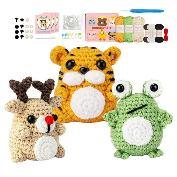 3 Pack Kids Crochet for Beginners Wobbles Crochet Animal Kit Elk/Tiger/Frog Crochet Starter Kit with Step-by-Step Video Crochet for Kids Adults Beginner