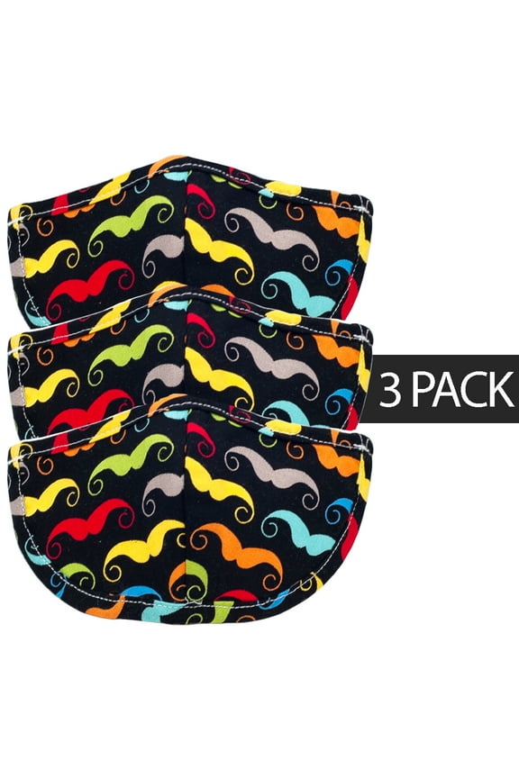 3-Pack Kids Fashionable Face Masks Adjustable Strap Reusable and Washable 100% Cotton for Ages 1-5 Yr Old (Mr. Mustache)