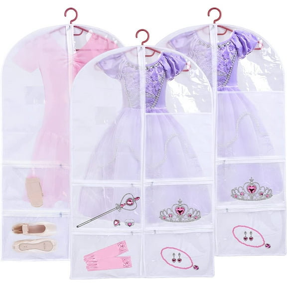 3 Pack Kids Garment Bags for Dance Costumes, Hanging Dance Garment Bag with Multiple Pockets, Clear Storage Bags Organize Girls Dance Competitions Dress, Dance Recitals, Ballet Costume