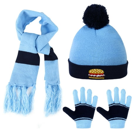 3-Pack Kids Hat,Kids Gloves and Kids Scarf Set, Winter Knitted Set Knitted Hat Scarf Gloves for Boys and Girls, Blue