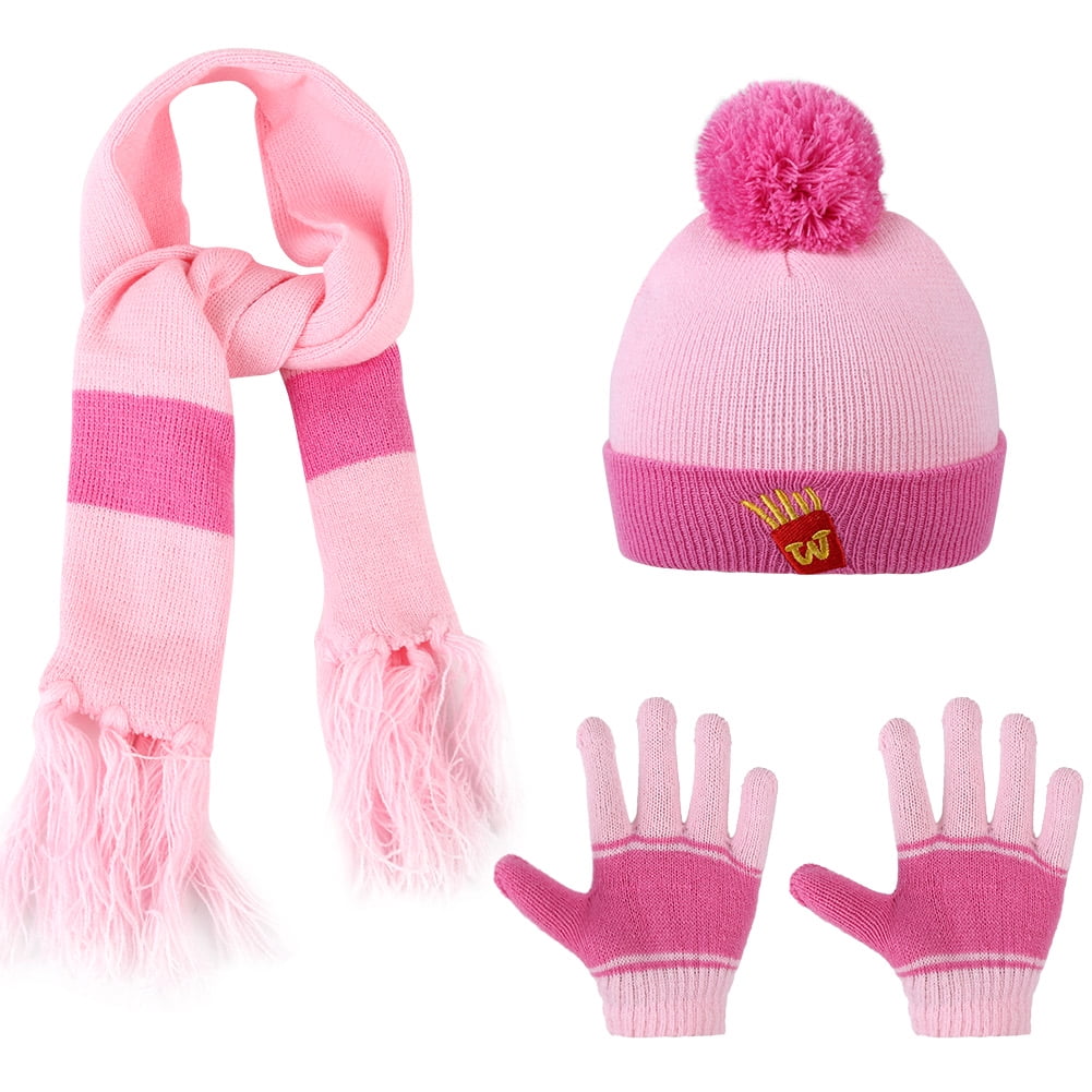3-Pack Kids Hat,Kids Gloves and Kids Scarf Set, Winter Knitted Set Knitted Hat  Scarf Gloves for Boys and Girls, Pink 