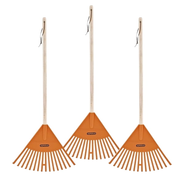 Superio Kids Leaf Rake, 34-Inch Lawn Rake with Hardwood Handle & Durable Plastic Head for Yard, Garden & Leaf Cleanup, Orange, 3 Pack