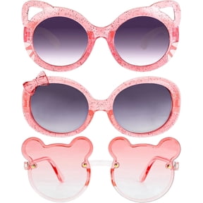 3 Pack Kids Sunglasses for Girls, Cute Pink Cat Bow Bear Frame Cartoon UV400 Glasses, Toddler Sunglasses for Ages 3-12 Years