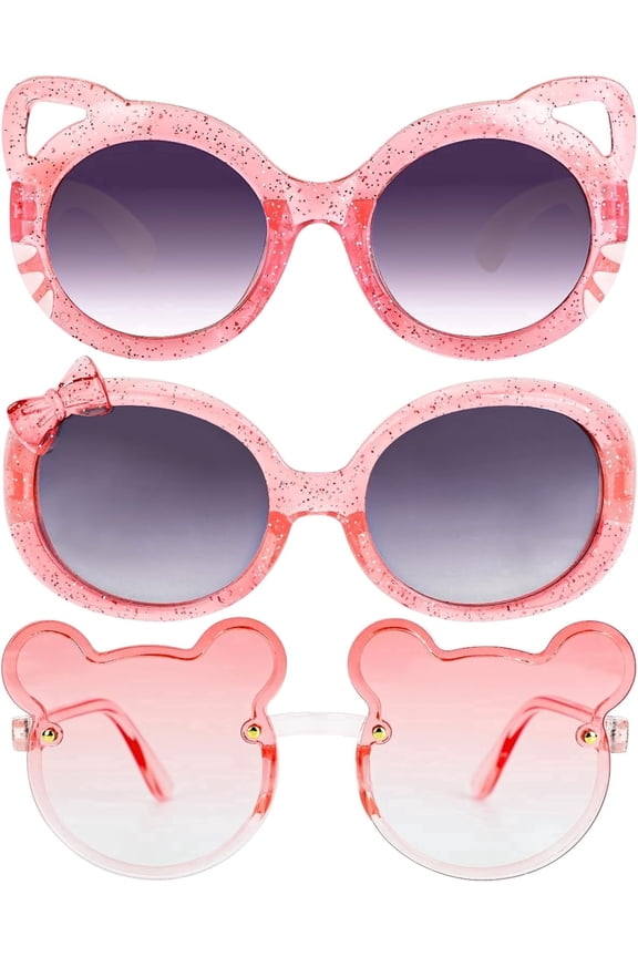 3 Pack Kids Sunglasses for Girls, Cute Pink Cat Bow Bear Frame Cartoon UV400 Glasses, Toddler Sunglasses for Ages 3-12 Years