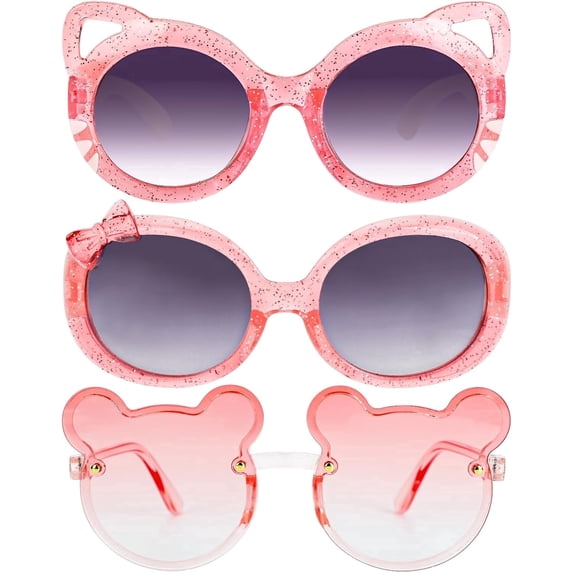 3 Pack Kids Sunglasses for Girls, Cute Pink Cat Bow Bear Frame Cartoon UV400 Glasses, Toddler Sunglasses for Ages 3-12 Years