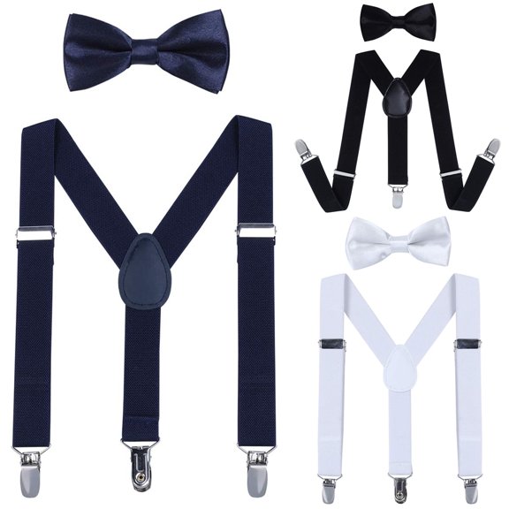 3 Pack Kids Suspender Bow Tie Sets - Adjustable Braces With Bowtie Idea for Boys and Girls, Navy,Black,White, 30 Inch (fit 3-8 years)