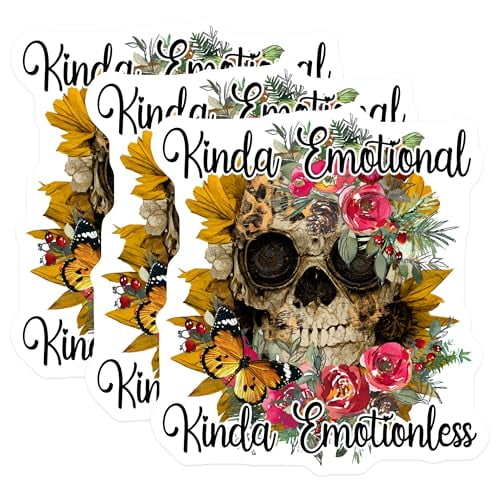(3 Pack) Kinda Emotional Kinda Emotionless Decals - Floral Skull Butterfly - Laptop Decal - 3 Inches On Longest Side - Easy Peel & Apply - Made in USA - 3MCS4468