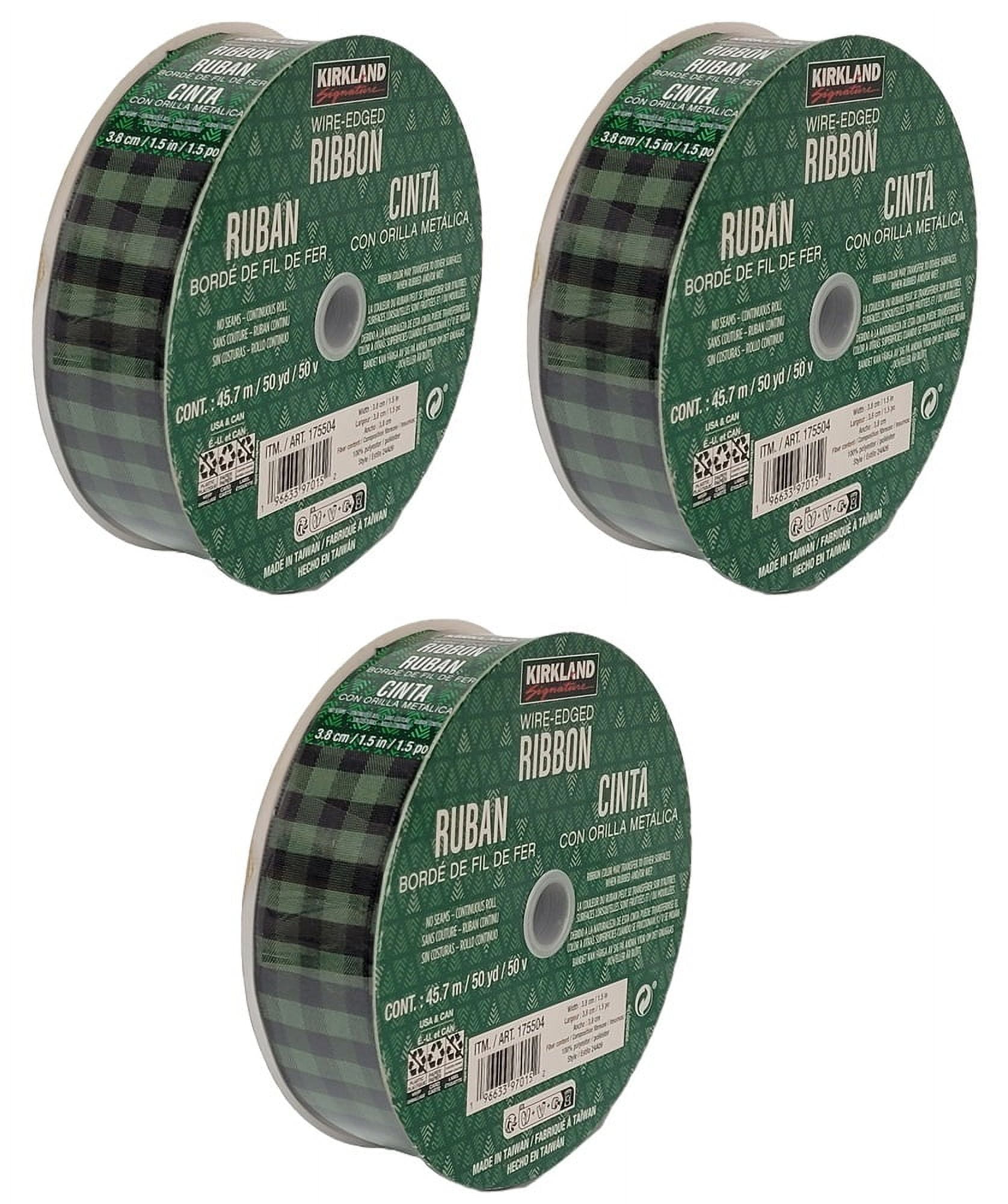3-Pack Kirkland Signature Wire Edged Green and Black Plaid Ribbon 50 yards X 1.5 inches