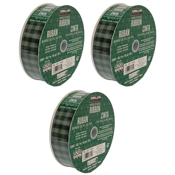 3-Pack Kirkland Signature Wire Edged Green and Black Plaid Ribbon 50 yards X 1.5 inches