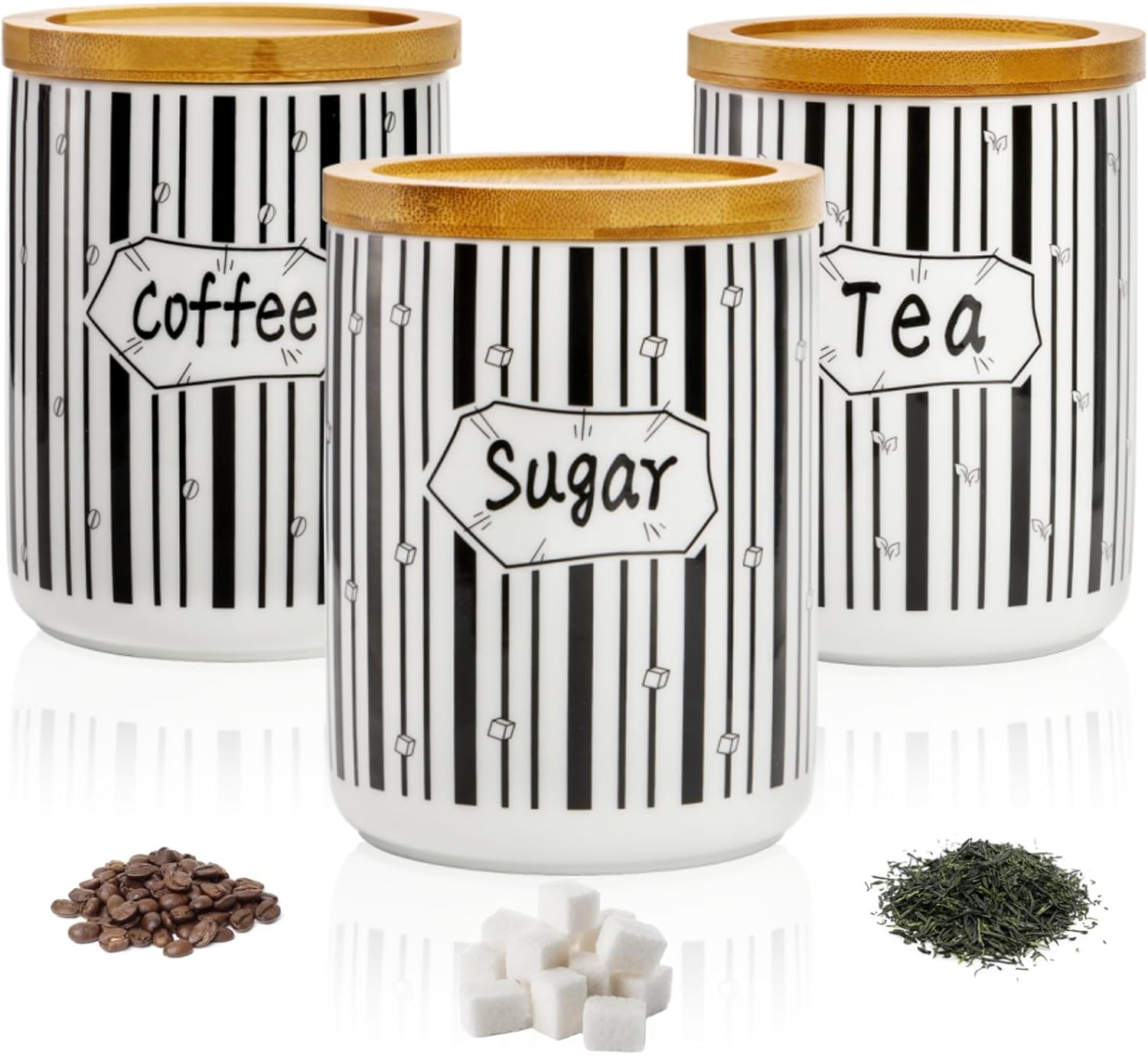 3 Pack Kitchen Ceramic Canister Set, 24 Oz Airtight Food Storage Jars with Bamboo Lids, Modern Tea Coffee Sugar Container Set for Counter Decor (Black&White)