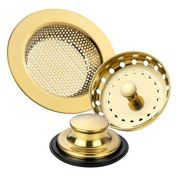 3-Pack Kitchen Sink Drain Strainer Stopper Set, Universal Anti-Clogging Stainless Steel Garbage Disposal Plug with Handle, Perforated Basket Filter Sieve for Standard 3.5" Drains (Gold)