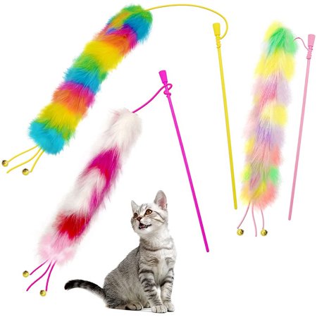 3 Pack Kitten Cat Teaser Toys Interactive Wand with Bell Feather Soft Furry Tail