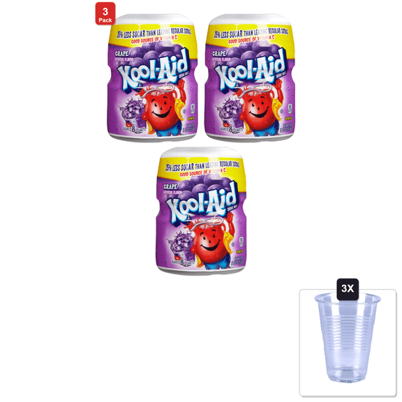 3 Pack | Kool-Aid, Drink Mix, Sugar Sweetened Grape, 19 Ounce & 3x 16oz Plastic Cup with Strawless Sip-Lid