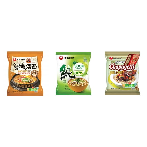 3 Pack Korean NongShim Gourmet Spicy Shin Instant Ramen Noodle, 3 Flavors(Ansung,Soon Veggie,chapagetti) Plus NineChef Brand Long Handle Coffee Spoon