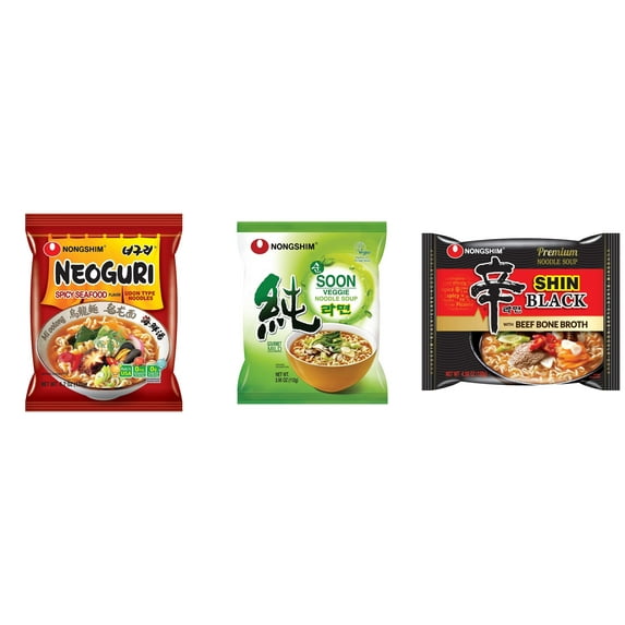 3 Pack Korean NongShim Gourmet Spicy Shin Instant Ramen Noodle, 3 Flavors(Neoguri,Soon Veggie,shin black) Plus NineChef Brand Long Handle Coffee Spoon