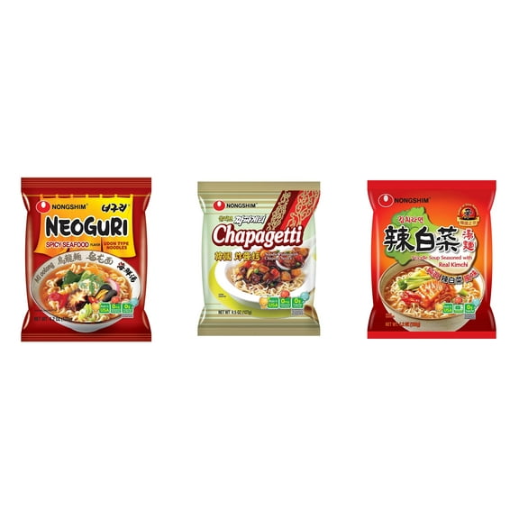 3 Pack Korean NongShim Gourmet Spicy Shin Instant Ramen Noodle, 3 Flavors(Neoguri,chapagetti,kimchi) Plus NineChef Brand Long Handle Coffee Spoon