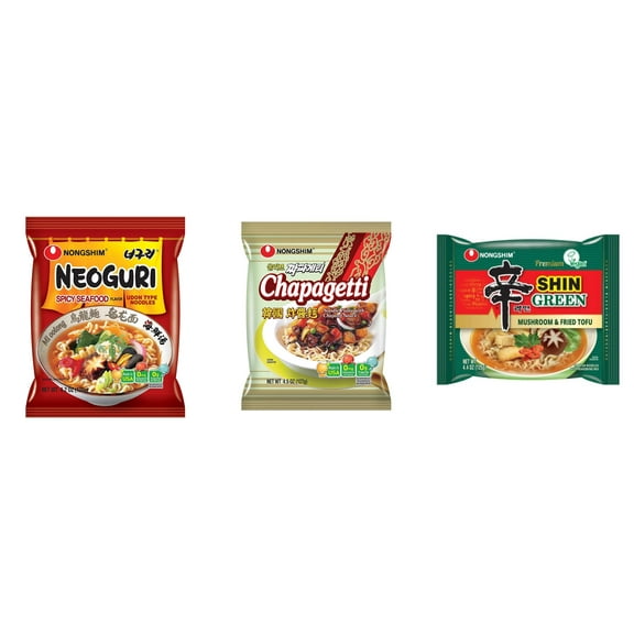 3 Pack Korean NongShim Gourmet Spicy Shin Instant Ramen Noodle, 3 Flavors(Neoguri,chapagetti,shin Green) Plus NineChef Brand Long Handle Coffee Spoon